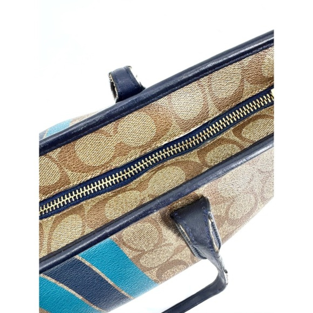Coach City Tote Signature Canvas Varsity Stripe Brown Teal Navy‎ Zip Top Bag - Picture 9 of 9